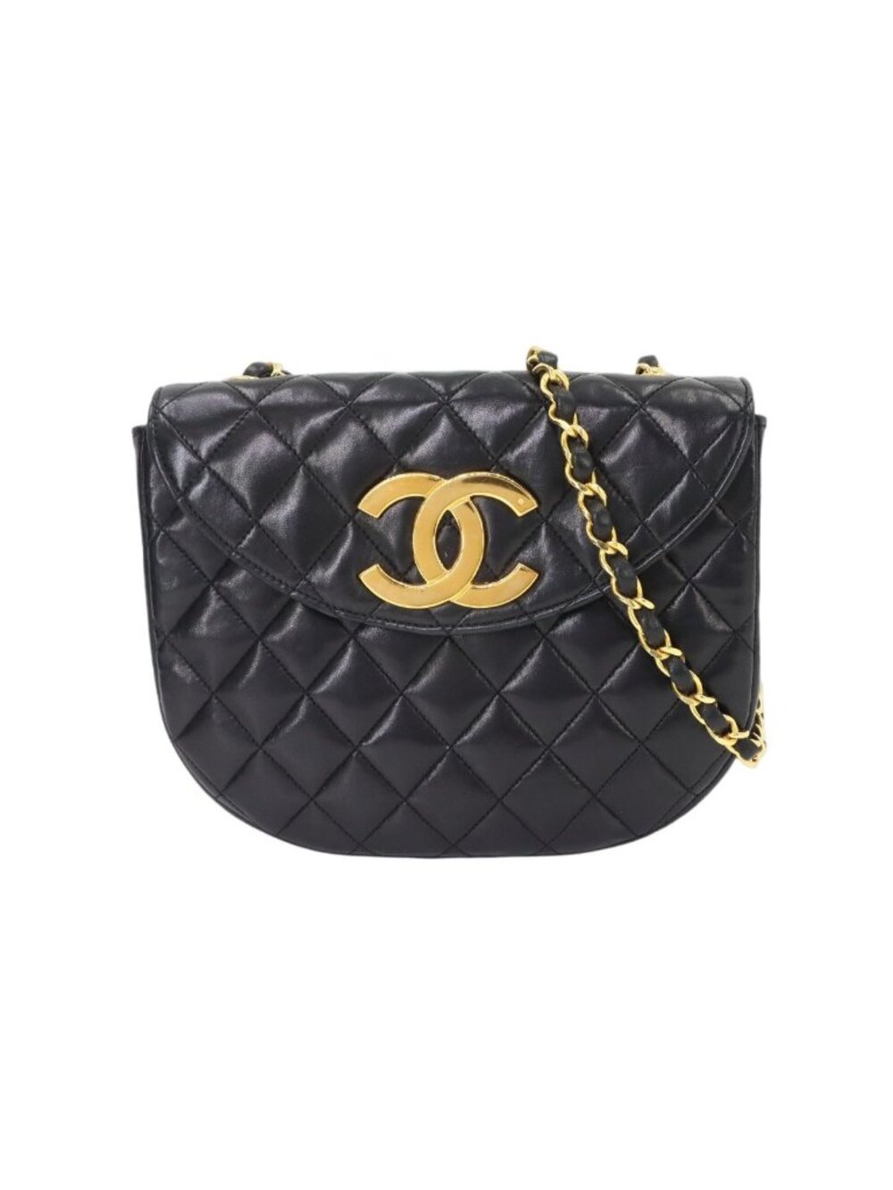Chanel Jumbo CC Logo Quilted Chain Shoulder Bag Lambskin Black Gold Vintage